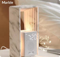 Sunrise wake-up alarm clock with white noise and night light, wood grain shell, geometric design, 110x74x217mm