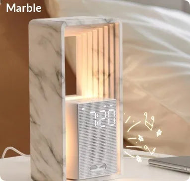 Sunrise wake-up alarm clock with white noise and night light, wood grain shell, geometric design, 110x74x217mm
