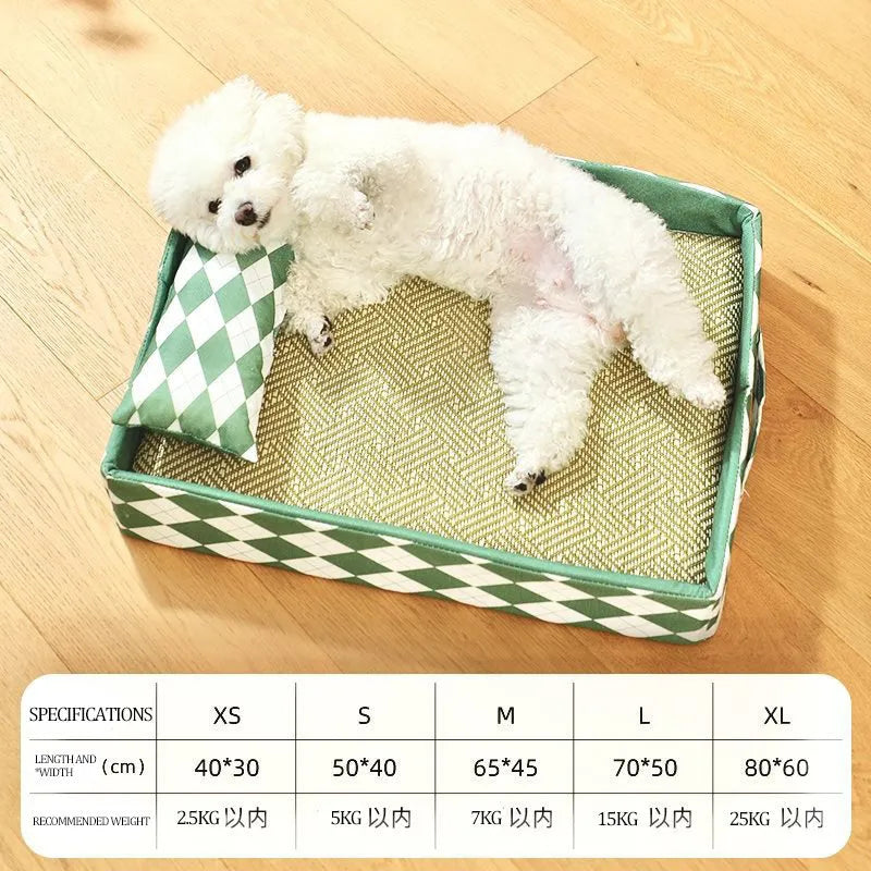 Blue woven rattan cat bed with non-slip base placed on a wooden floor.