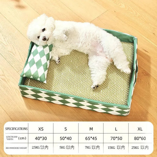 Blue woven rattan cat bed with non-slip base placed on a wooden floor.