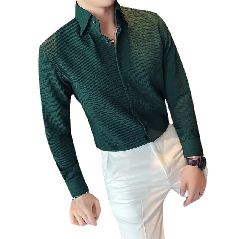 Men's long-sleeved solid colour polyester business shirt in white, black, green for spring autumn office wear