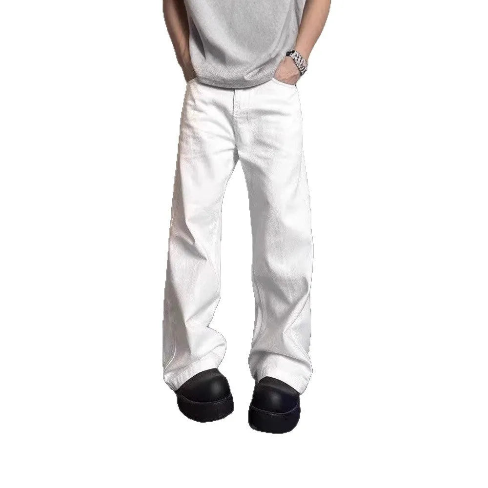 Men's white straight leg jeans with loose fit and mid waist design