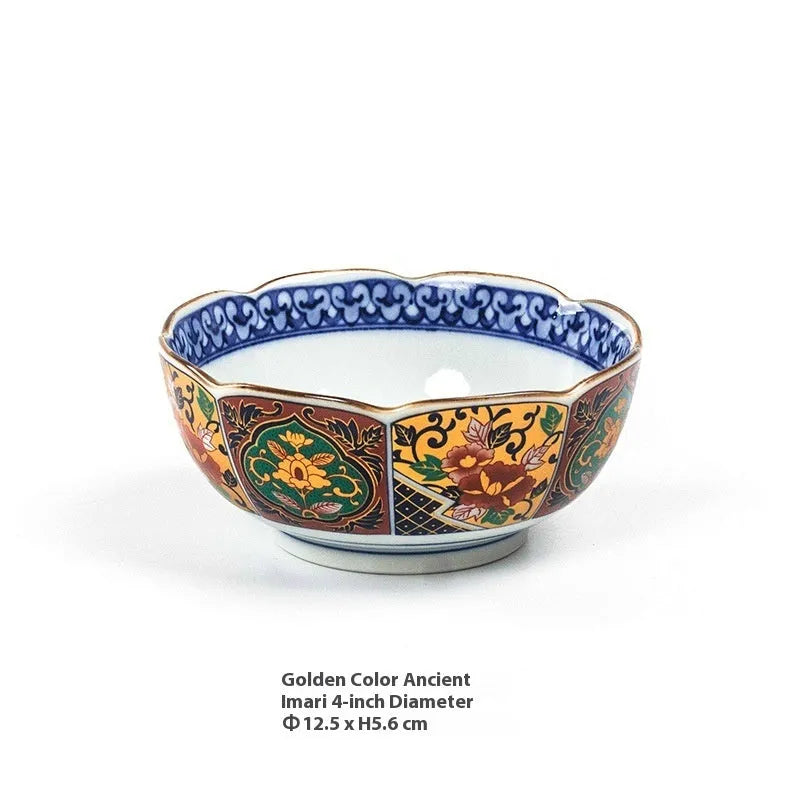 4-inch ceramic bowls with Japanese retro peony patterns in various colours including golden and green