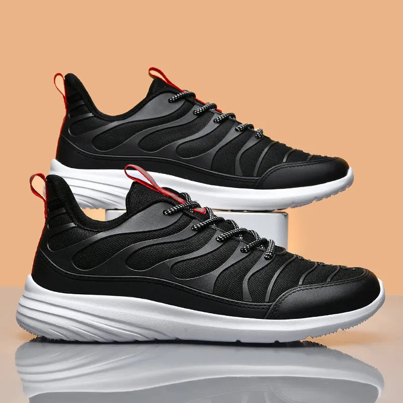 Men's outdoor sports mesh breathable running shoes with cross straps, PU upper, available in black, light grey, and terracotta warriors, sizes 39-46