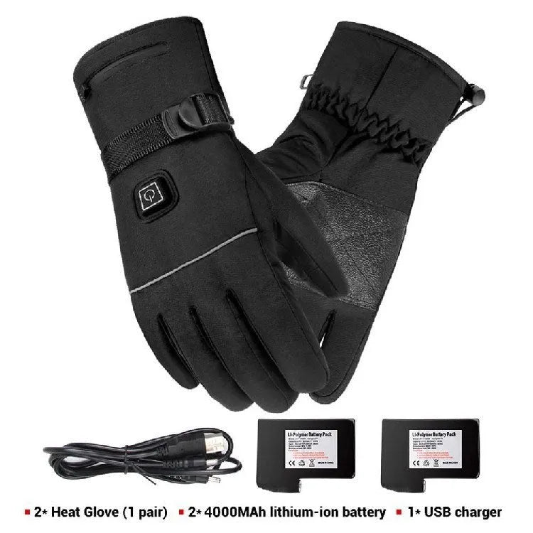 Winter electric heated gloves with touch screen fingers and carbon fibre heating in black nylon and cotton