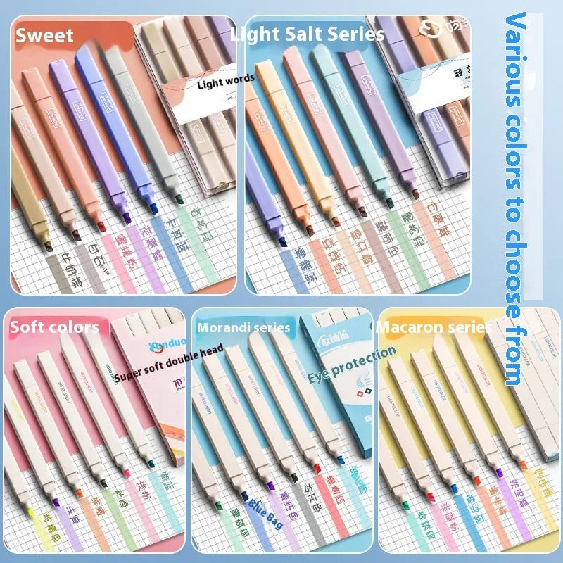 Set of double-headed fluorescent marking pens showing fine and broad tips, in mixed colours.