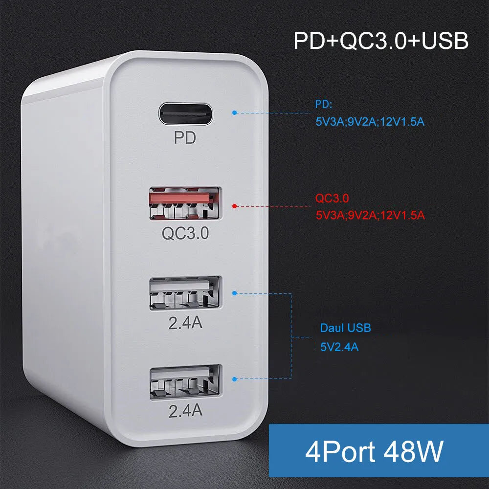 White multi-port USB fast charger with UK plug showing PD and QC ports on a table.