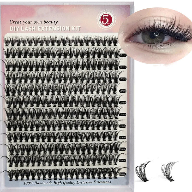 DIY mixed package of cluster false eyelashes showing 30D and 40D high-grade fibre lashes from 9mm to 16mm with tweezers.