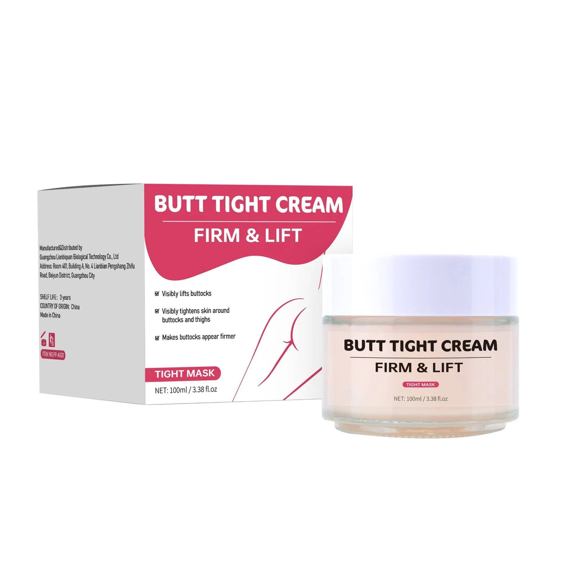 100ml tube of hip tightening cream for firming and nourishing skin on buttocks and thighs.