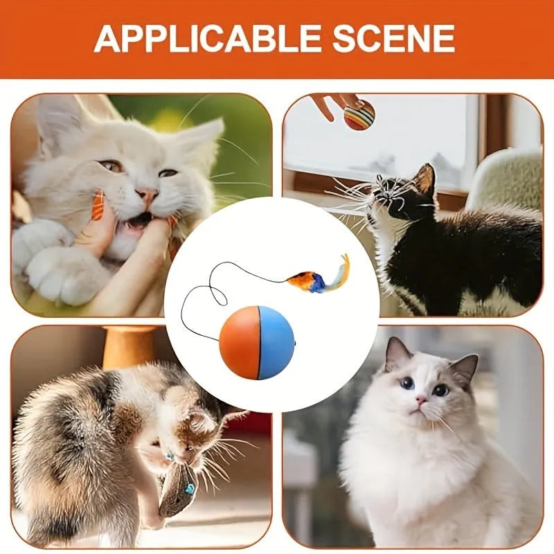 Grey and orange interactive cat toy ball with a soft plush mouse attachment for feline exercise.