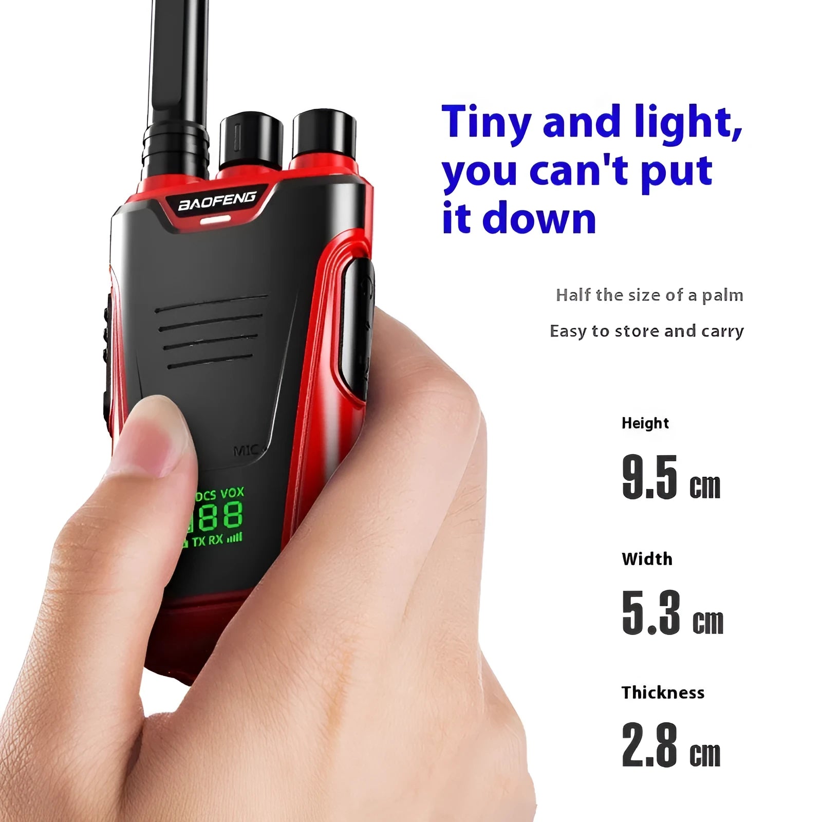 Red or yellow coloured portable intercom with display, measuring 95mm by 53mm.