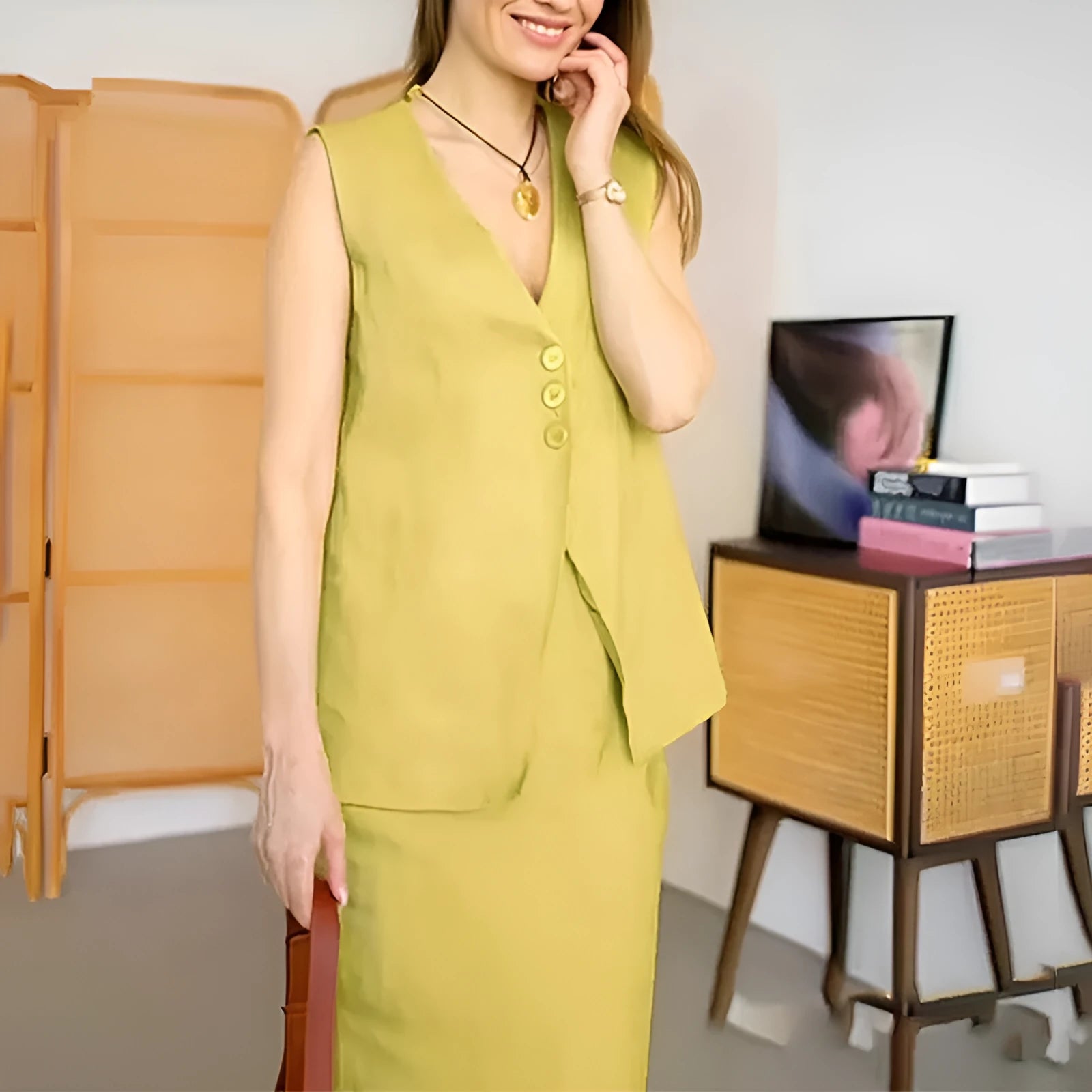 Women's loose fit blue polyester two-piece suit with sleeveless vest and long skirt.