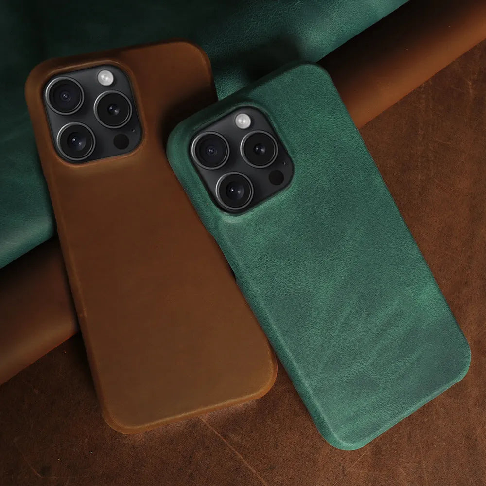 Genuine leather Crazy Horse pattern phone case for iPhone showing textured brown finish and precise camera cutout