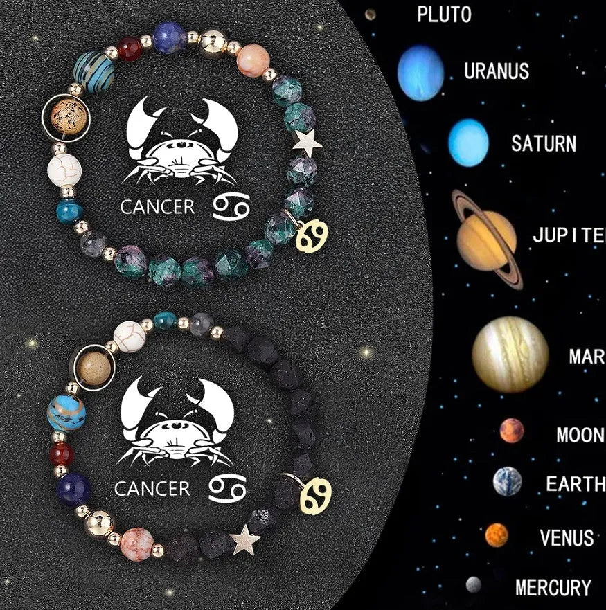 Two natural stone beaded bracelets with metal zodiac sign charms on a white background.