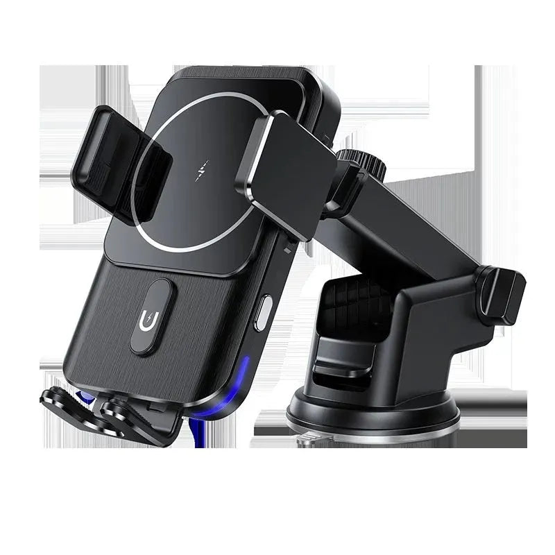 Black car wireless charging phone holder showing 15W charging capability with clip and suction cup mounting options