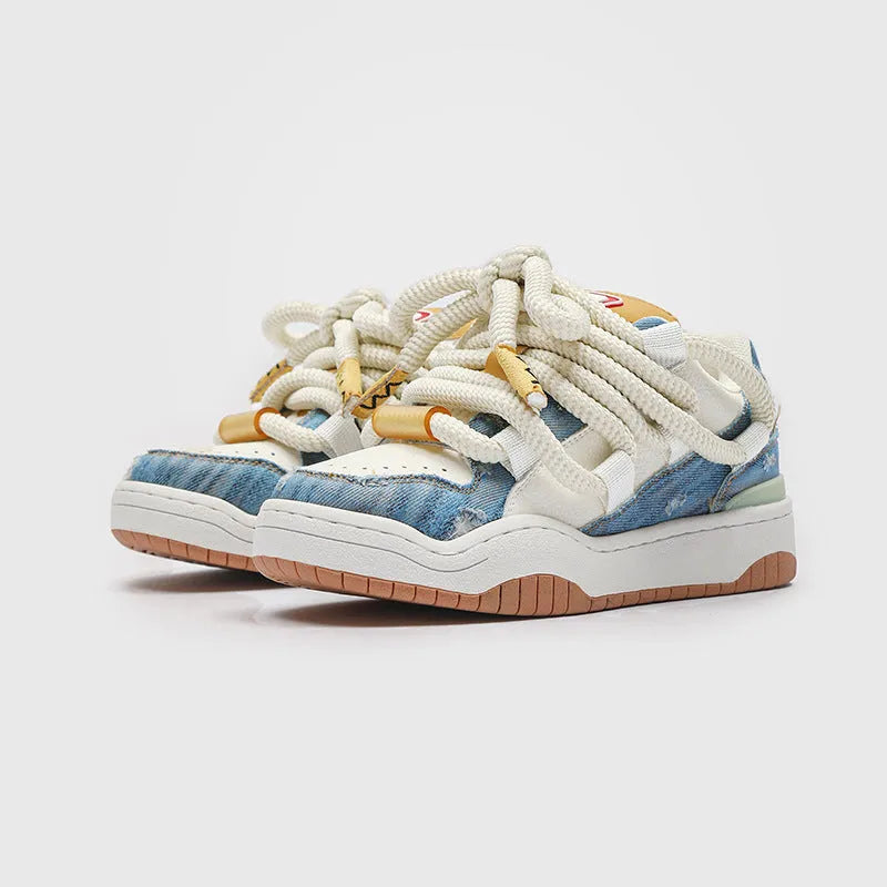 Unisex thick-soled casual lace-up shoes in denim blue with round toe and mesh lining.