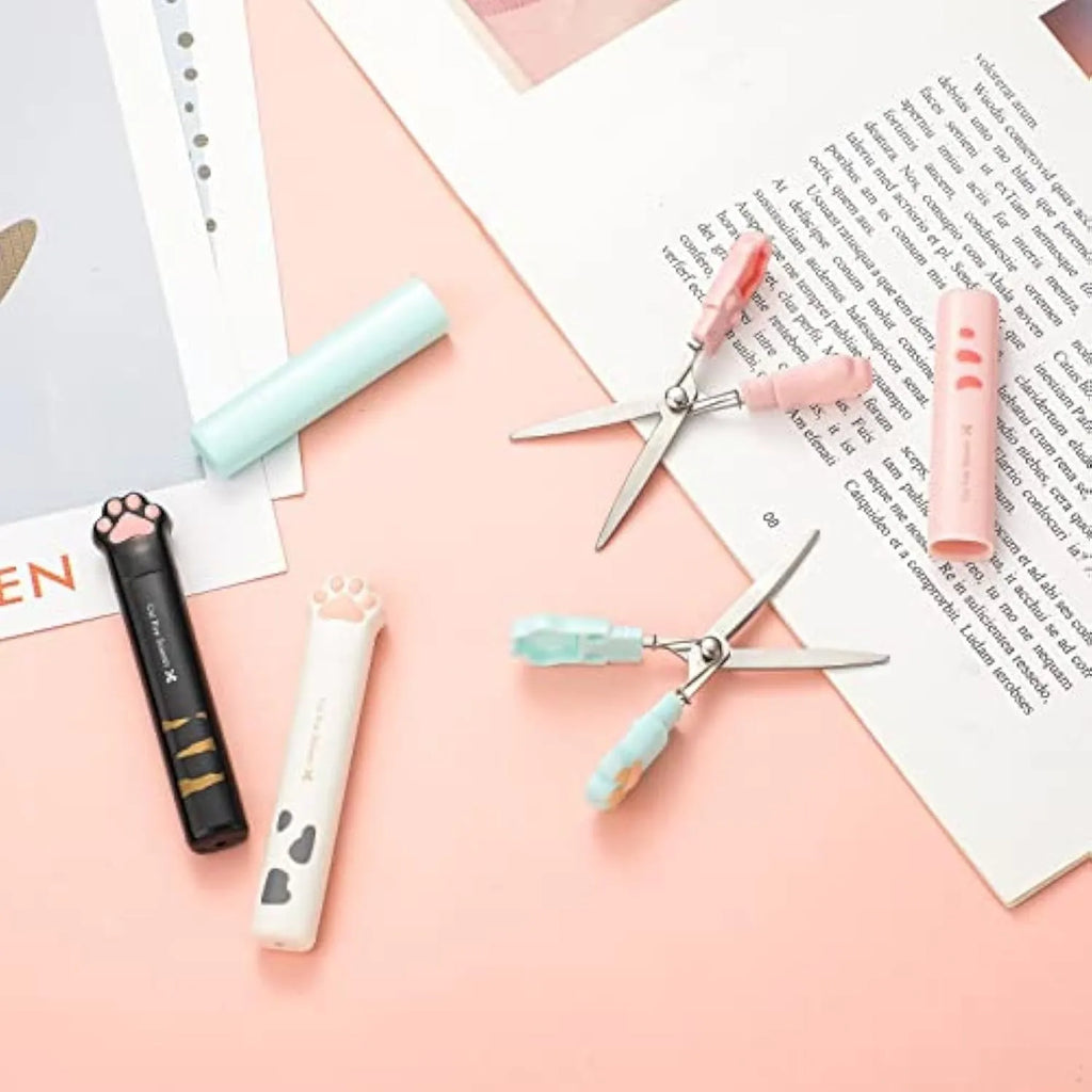 Cat paw mini folding scissors in pink, white, black, and blue colour options