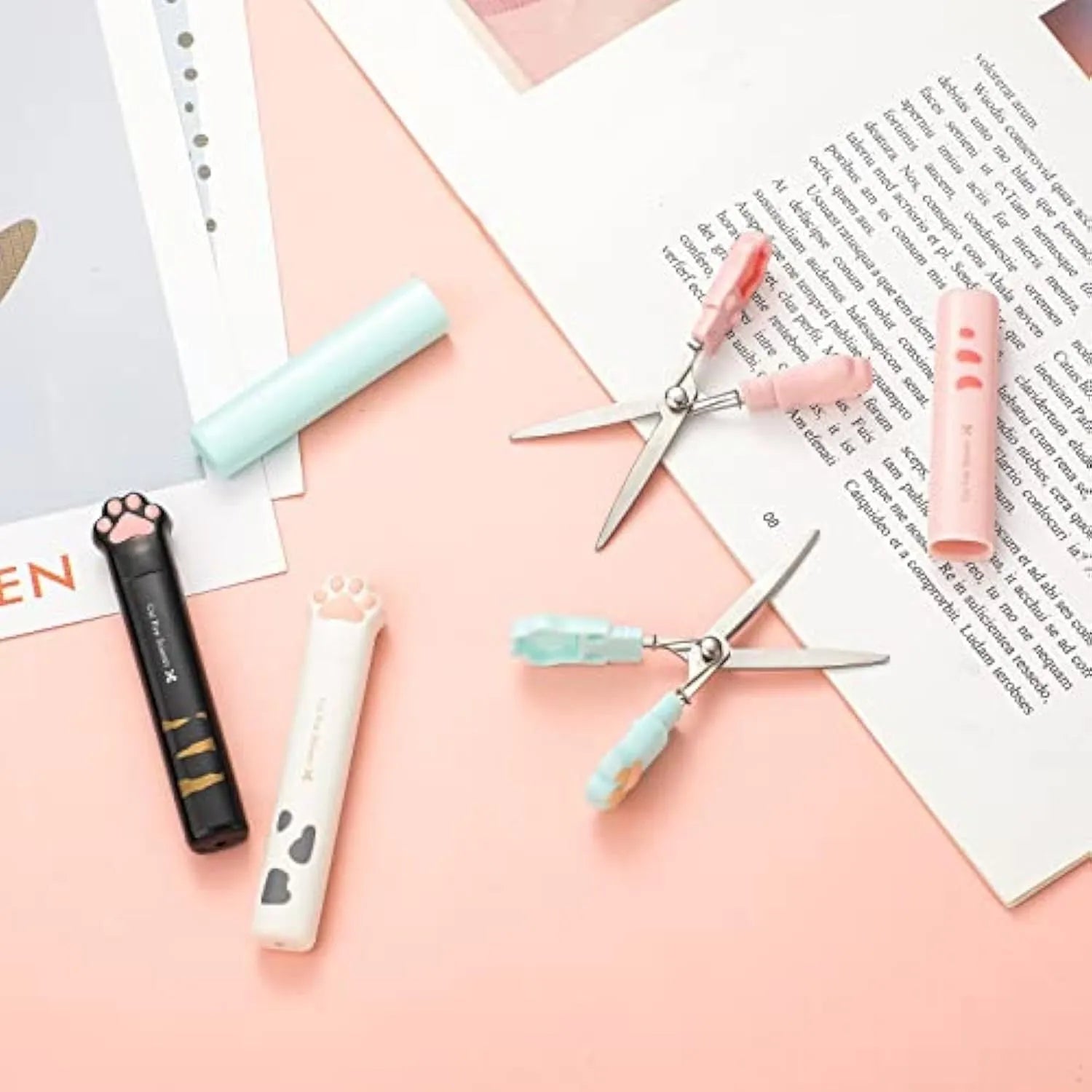 Cat paw mini folding scissors in pink, white, black, and blue colour options