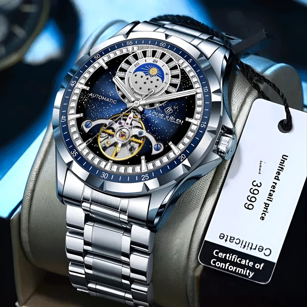 Men's silver alloy automatic watch with blue dial and stainless steel strap on wrist