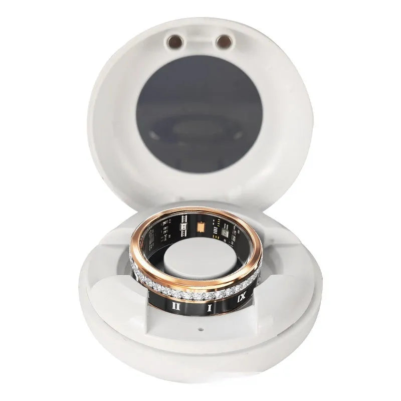 Diamond inlaid smart ring in silver and gold colours showing health monitoring technology integrated into jewellery design