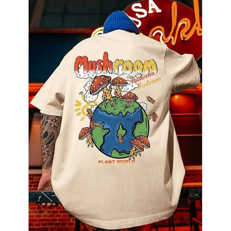 Men's short-sleeved printed street t-shirt on a hanger, showing digital print pattern on polyester fabric.