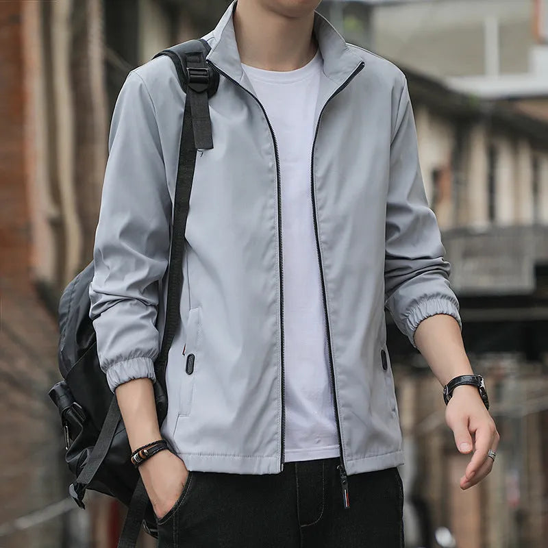 Korean style loose lapel autumn jacket for men in black with zipper pockets