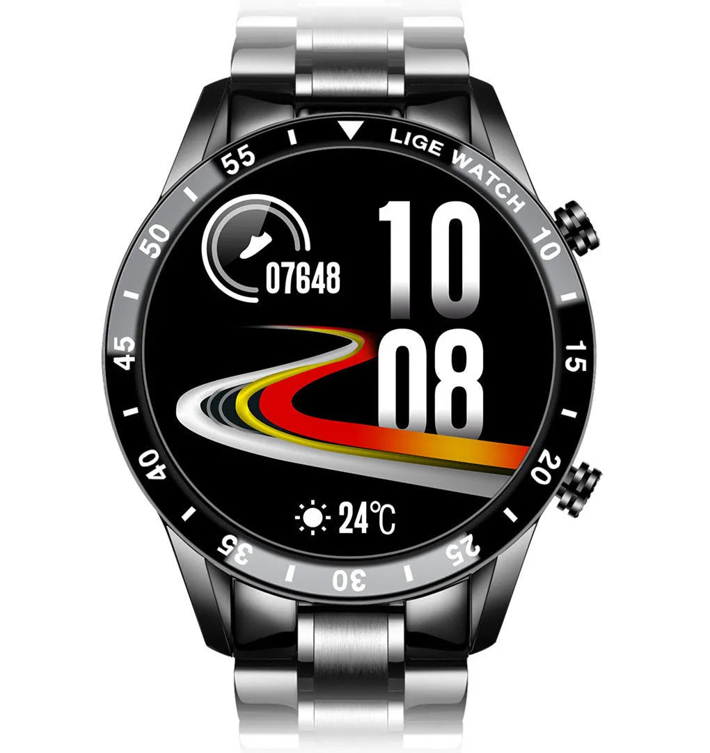Smart watch with stainless steel wristband and 1.3 inch touch screen display showing step counter