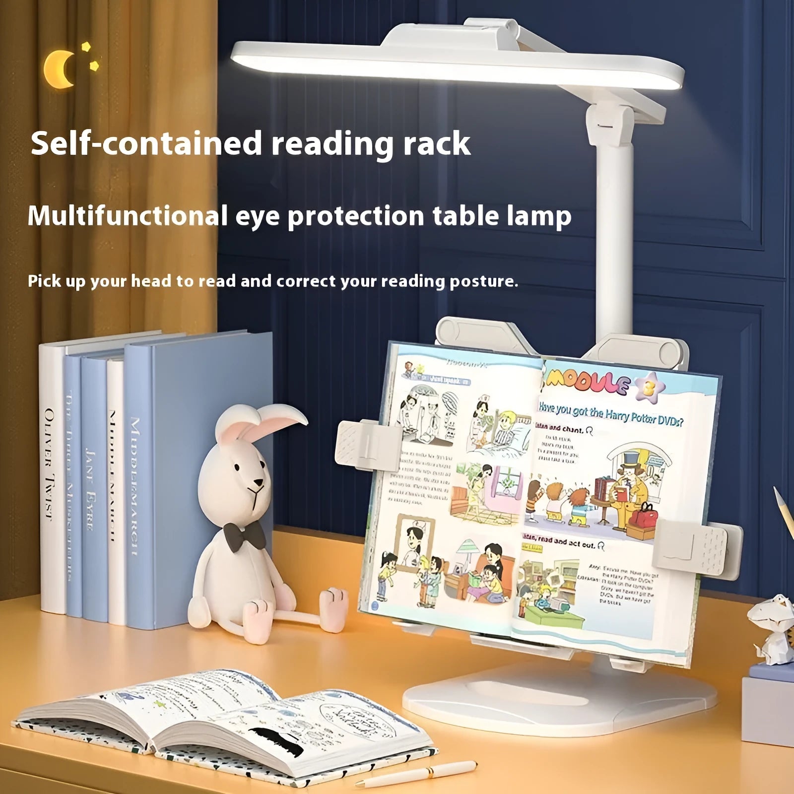 Multifunctional reading bookshelf table lamp with adjustable colour temperature settings and integrated storage