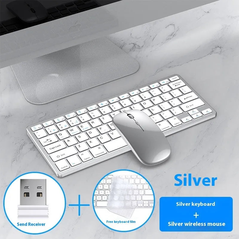 Ultra-thin black wireless keyboard and mouse set with receiver and cover on a desk