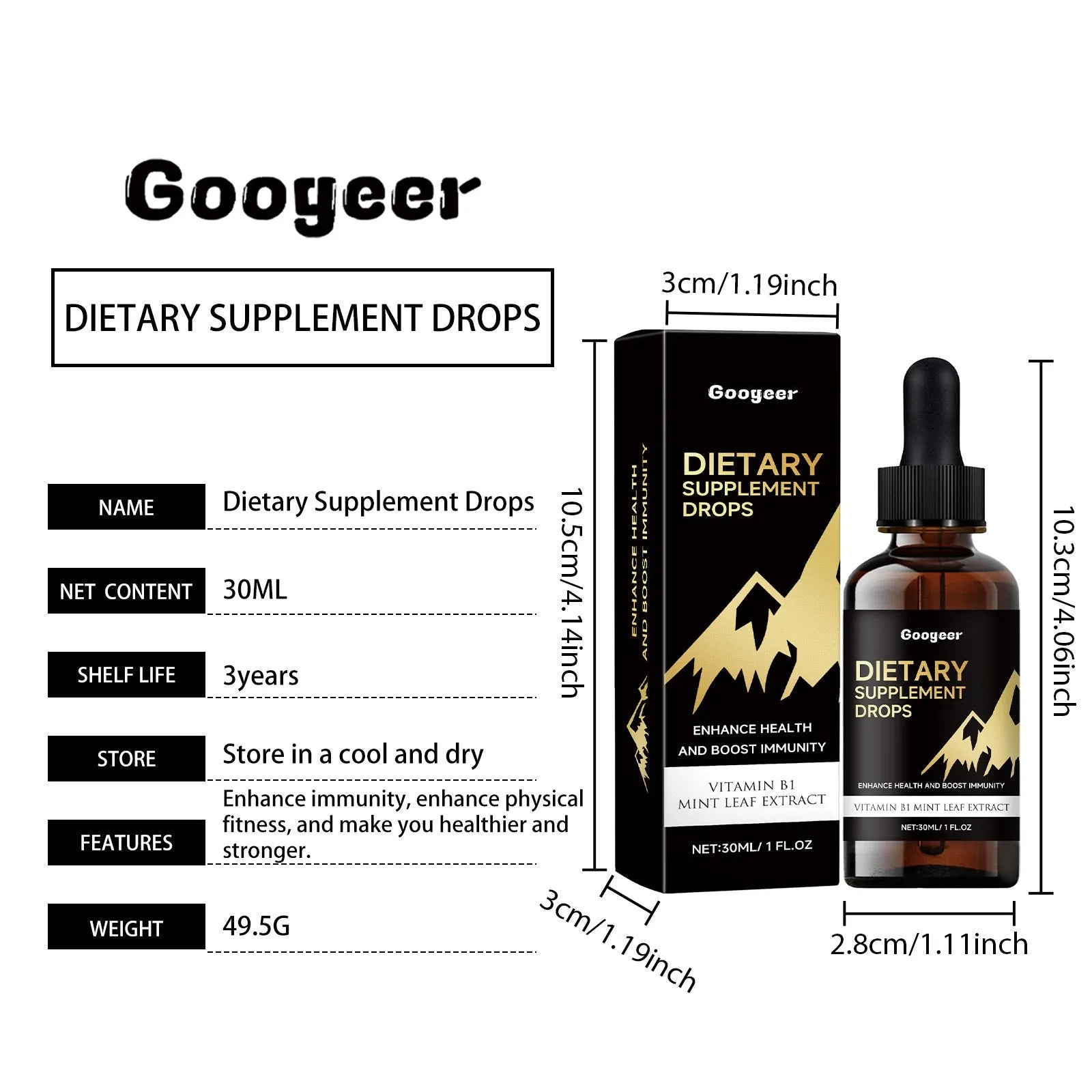 60ml glass bottle of clear dietary supplement drops with a black dropper top