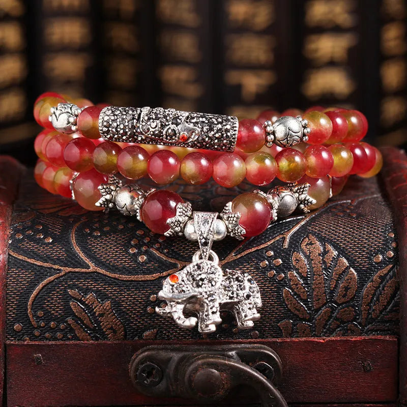 Watermelon crystal bracelet with Chinese knot design in 6mm or 8mm elephant style beads