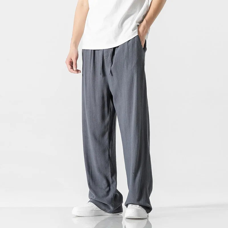 Men's bamboo fibre summer trousers in loose straight-leg cut with cropped length and drawstring waist