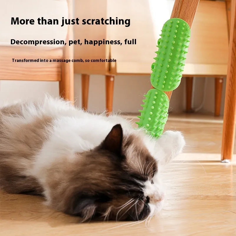 Silicone cat hair removal massage comb attached to a wall corner with rounded teeth for grooming
