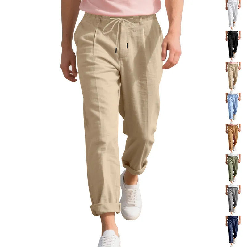 Men's linen casual trousers in loose straight fit with drawstring waist in various colours