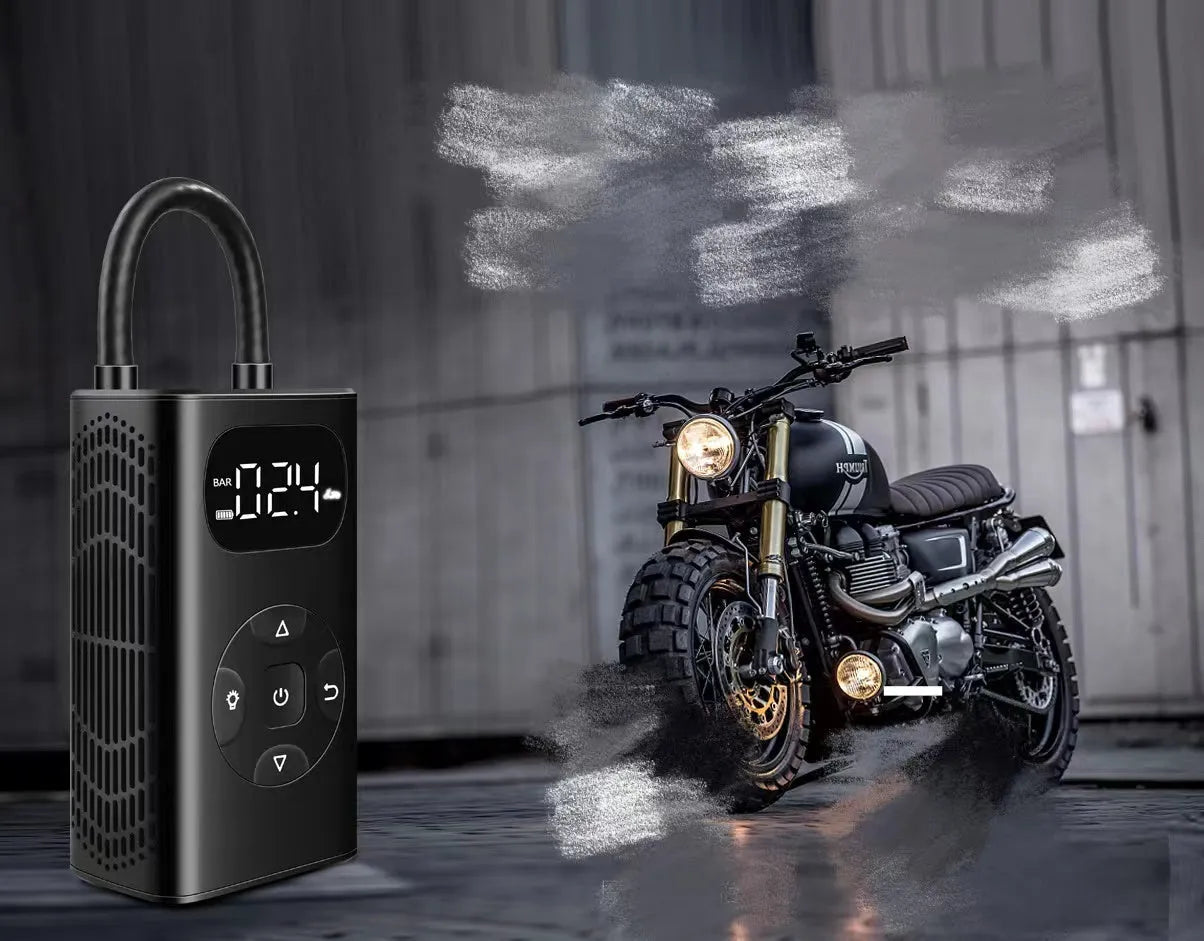 Black M09X digital portable tyre inflator with display, USB port, and 16 cm tube on a grey background.