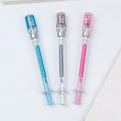 Vaccine pen design gel pen with black refill showing retractable click mechanism and 0.5mm needle tube point
