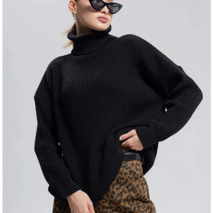 Women's high neck loose fit pullover sweater in thick imitation cashmere fabric, solid colour option shown.