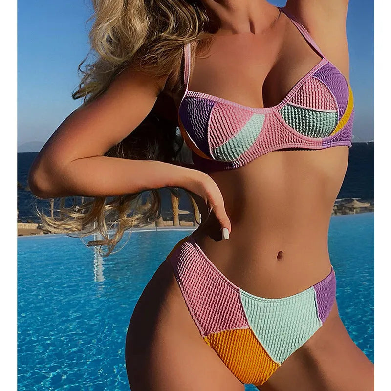 Ladies push up bikini with steel bracket stitching and adjustable backpack straps in colour matching design