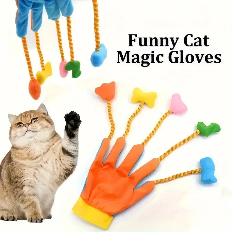 Magic glove plush toy for cats with integrated bell, yellow and blue fleece pet toy