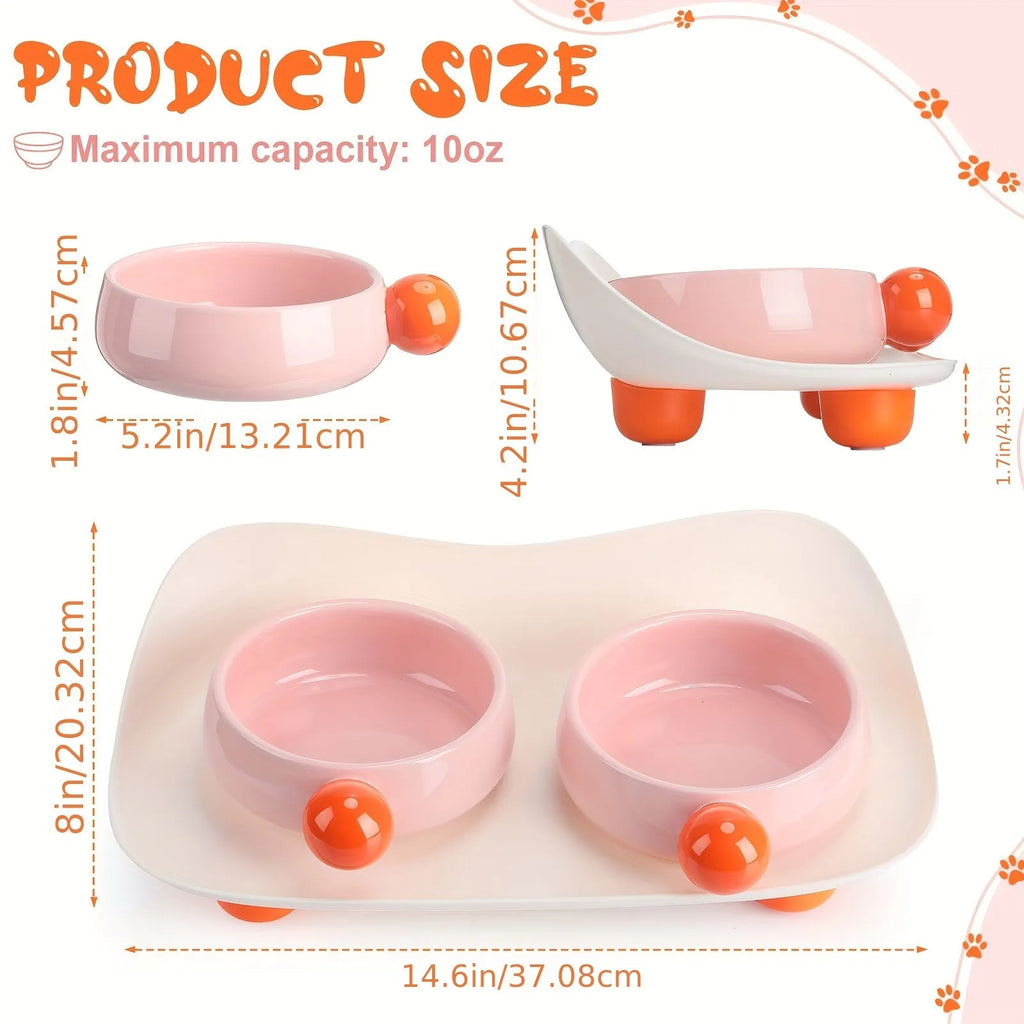 Pink double elevated ceramic pet bowl with non-slip base for cats and small dogs