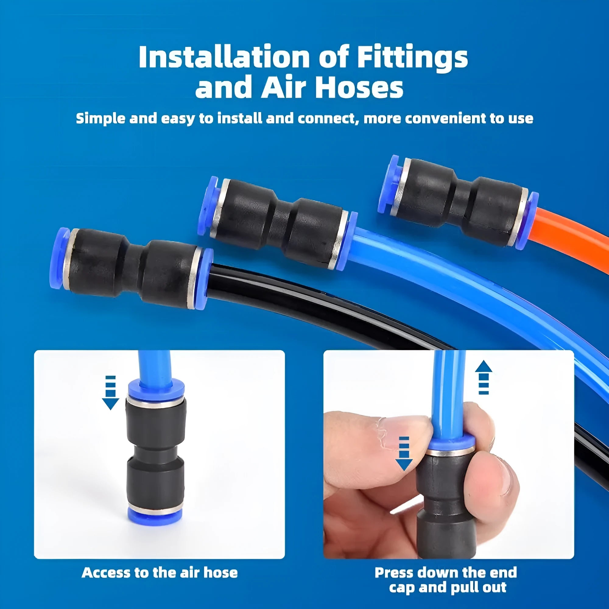 60-piece pneumatic push-in connector set with alloy plastic body and threaded adapters
