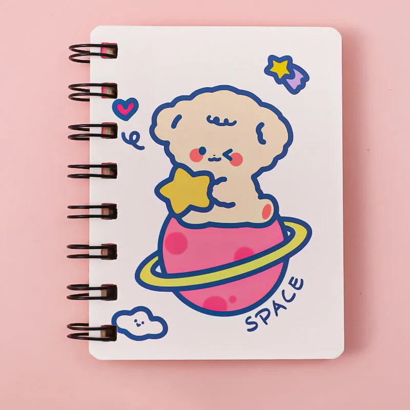 Astronaut flipped portable pocket notebook showing space-themed cover designs at 10.5 by 8 cm size
