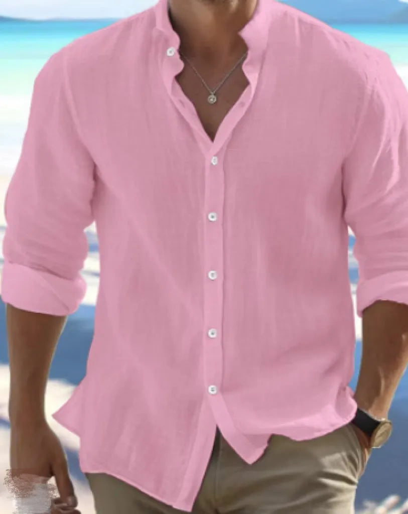 Men's casual long-staple cotton button-up summer shirt on a hanger.