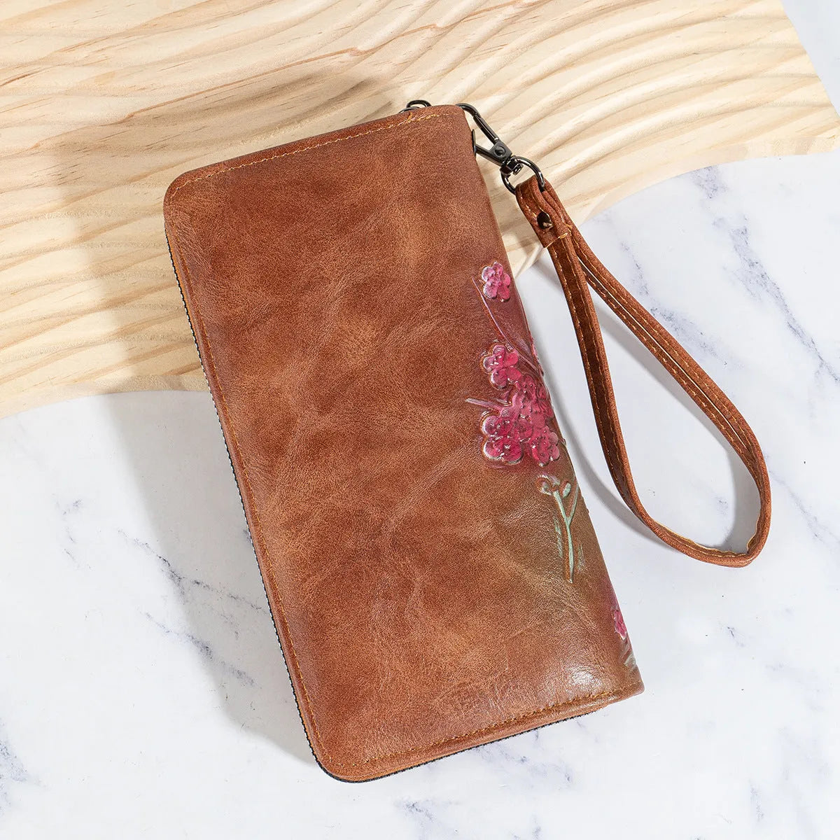 Chinese style handbag with embossed floral pattern and hand-painted design in vintage retro styling