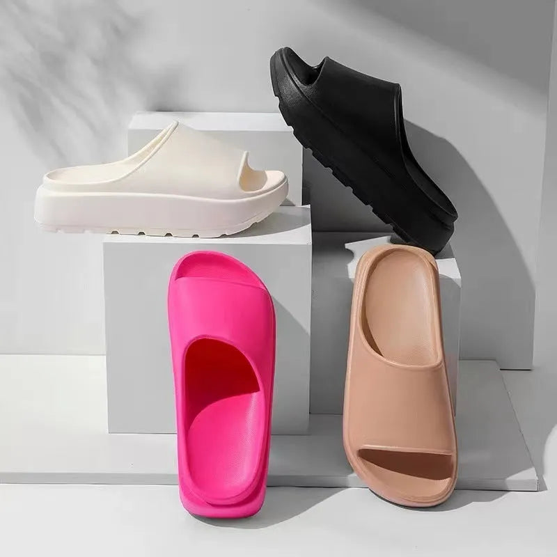 Women's beige fish mouth open-toe slippers with a thick 5.5cm light-coloured EVA sole.