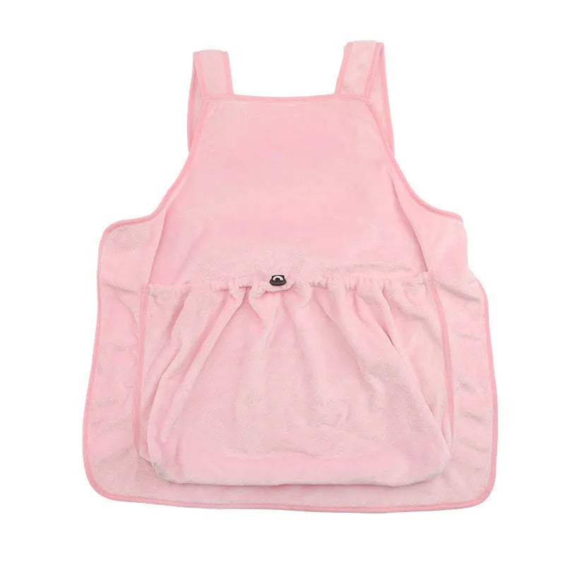 Plush pet carrier apron in beige with adjustable neck strap for small cats and dogs