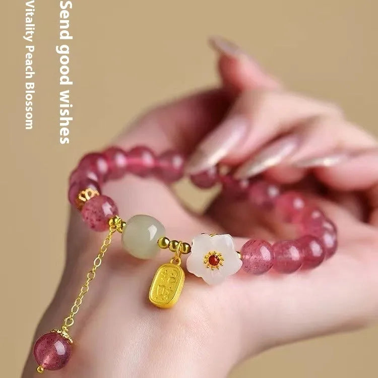 Handmade strawberry quartz crystal bracelet for women showing five natural stone design variations