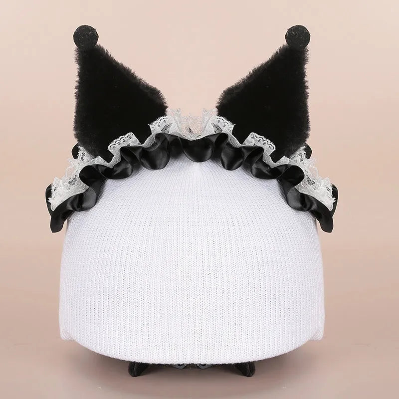 Cute plush cartoon animal character hat designed to decorate a standard ski helmet.