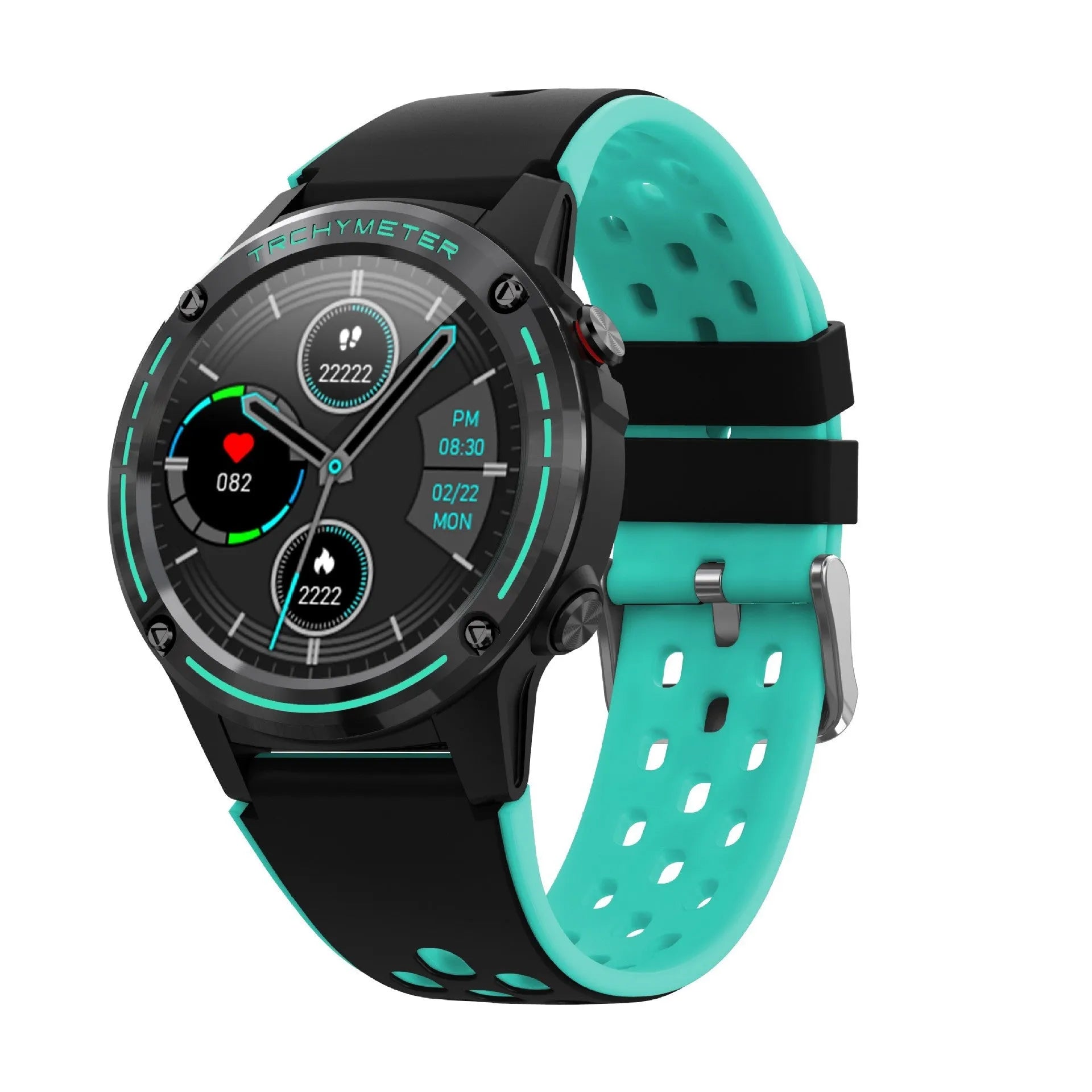 GPS smartwatch with silicone strap in blue, black, cyan, and silver black colour options.