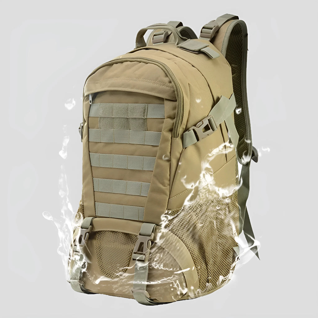 Outdoor mountaineering backpack in Oxford cloth shown in a camouflage colour with air pillow belt system.
